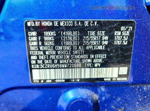 3CZRU6H58MM720688 2021 HONDA HR-V Blue VIN კოდის სტიკერის ხედი