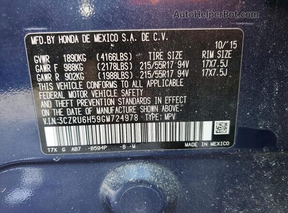 3CZRU6H59GM724978 2016 HONDA HR-V Blue Widok wnętrza 360 stopni