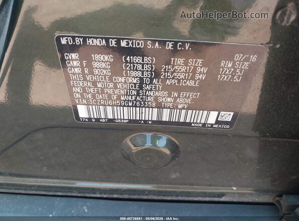 3CZRU6H59GM763358 2016 HONDA HR-V Зеленый Вид подкапотного пространства