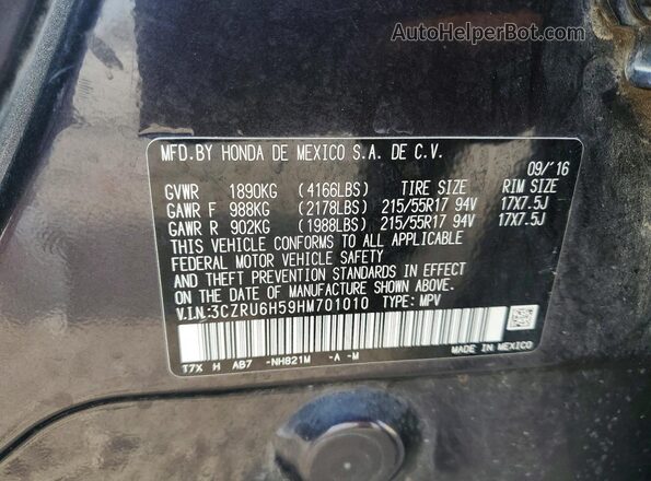 3CZRU6H59HM701010 2017 HONDA HR-V Charcoal Vista de la etiqueta del VIN