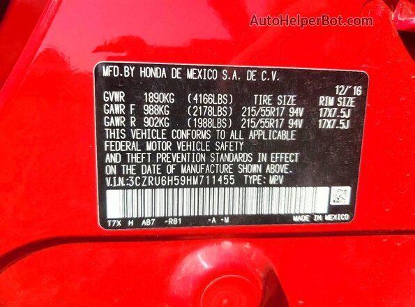 3CZRU6H59HM711455 2017 HONDA HR-V Red Вид наклейки з VIN-кодом