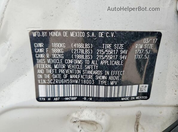 3CZRU6H59HM718003 2017 HONDA HR-V White Vista interior de 360 grados