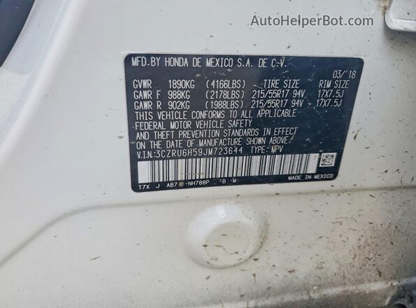 3CZRU6H59JM723644 2018 HONDA HR-V White VIN կոդի պիտակի տեսք
