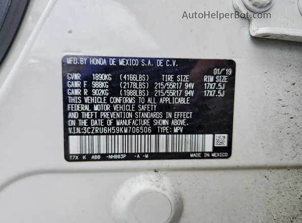 3CZRU6H59KM706506 2019 HONDA HR-V White Vista de la etiqueta del VIN