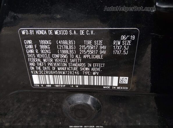 3CZRU6H59KM728246 2019 HONDA HR-V Black Вид підкапотного простору