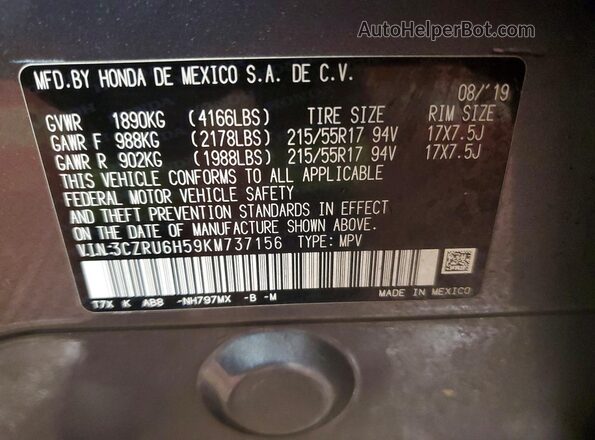 3CZRU6H59KM737156 2019 HONDA HR-V Charcoal 360 interior view