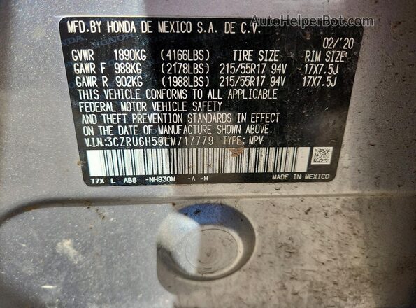 3CZRU6H59LM717779 2020 HONDA HR-V Silver VIN sticker view