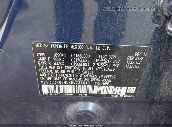 3CZRU6H5XHM731648 2017 HONDA HR-V Blue Vista del compartimento del motor