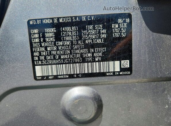 3CZRU6H5XJG727863 2018 HONDA HR-V Silver Widok naklejki z numerem VIN