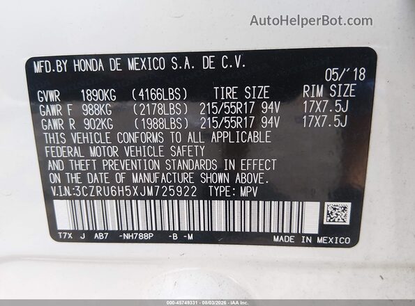3CZRU6H5XJM725922 2018 HONDA HR-V White Engine compartment view