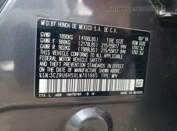 3CZRU6H5XLM701865 2020 HONDA HR-V Gray VIN կոդի պիտակի տեսք