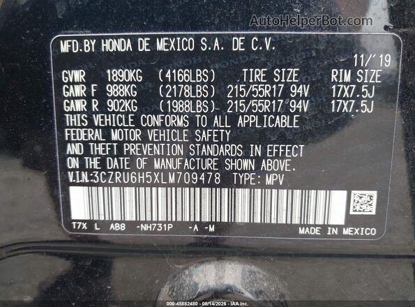 3CZRU6H5XLM709478 2020 HONDA HR-V Black ძრავის განყოფილების ხედი