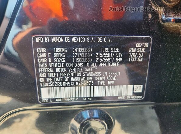 3CZRU6H5XLM725373 2020 HONDA HR-V Black Вид підкапотного простору