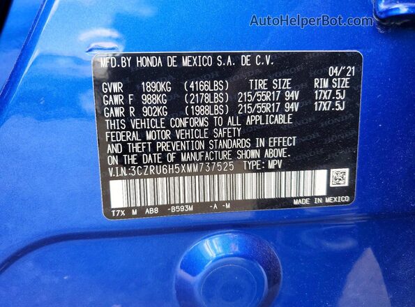3CZRU6H5XMM737525 2021 HONDA HR-V Blue სალონის 360-გრადუსიანი ხედი