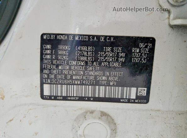 3CZRU6H5XMM749271 2021 HONDA HR-V White VIN sticker view