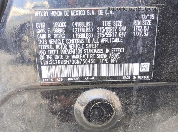 3CZRU6H70GM730458 2016 HONDA HR-V Black VIN կոդի պիտակի տեսք