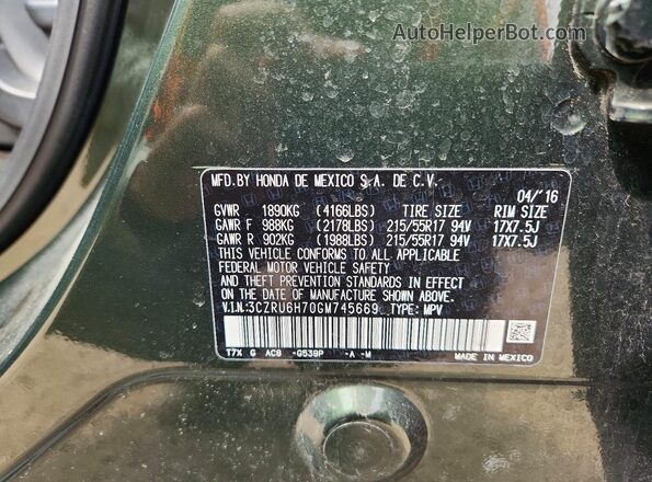 3CZRU6H70GM745669 2016 HONDA HR-V Green Вид наклейки з VIN-кодом
