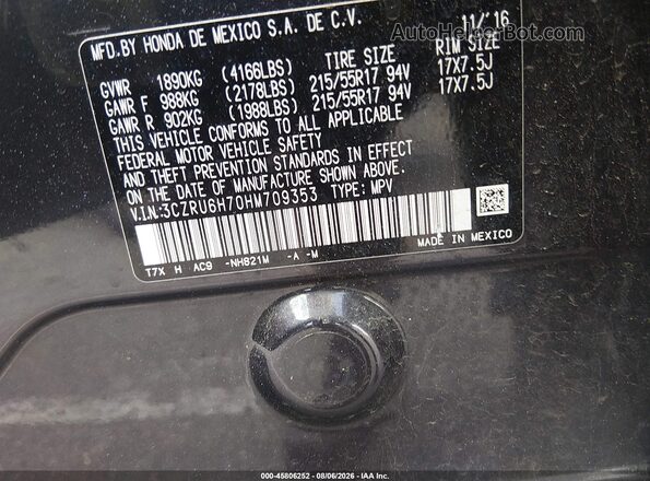 3CZRU6H70HM709353 2017 HONDA HR-V Black ძრავის განყოფილების ხედი