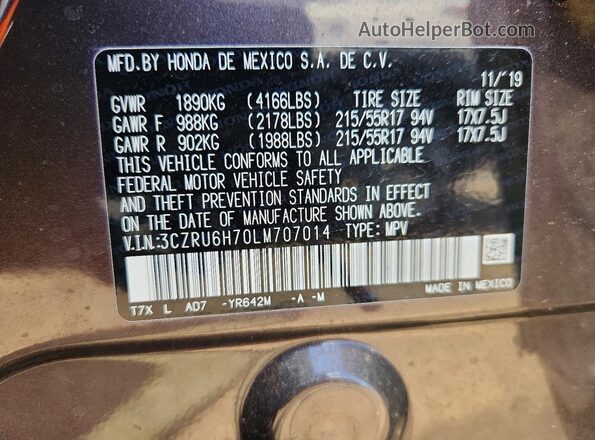 3CZRU6H70LM707014 2020 HONDA HR-V Charcoal Vista de la etiqueta del VIN