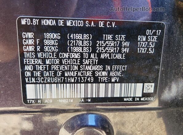 3CZRU6H71HM713749 2017 HONDA HR-V Charcoal Vista de la etiqueta del VIN