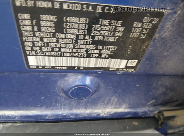3CZRU6H71NM756239 2022 HONDA HR-V Blue Engine compartment view