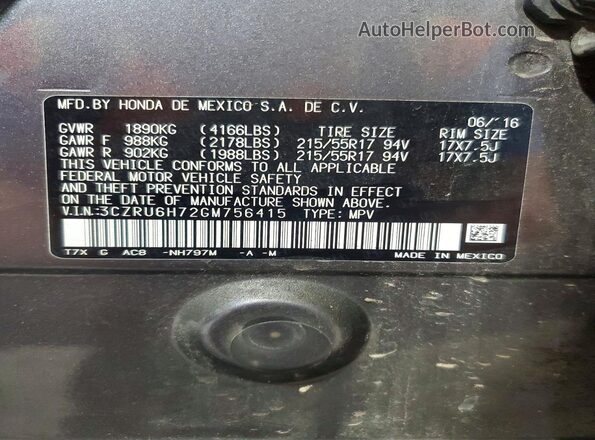 3CZRU6H72GM756415 2016 HONDA HR-V Gray Вид наклейки з VIN-кодом