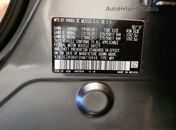 3CZRU6H72HM716949 2017 HONDA HR-V Серый Вид наклейки с VIN-кодом