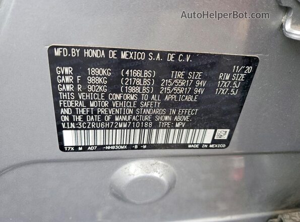 3CZRU6H72MM710188 2021 HONDA HR-V Silver Вид наклейки з VIN-кодом
