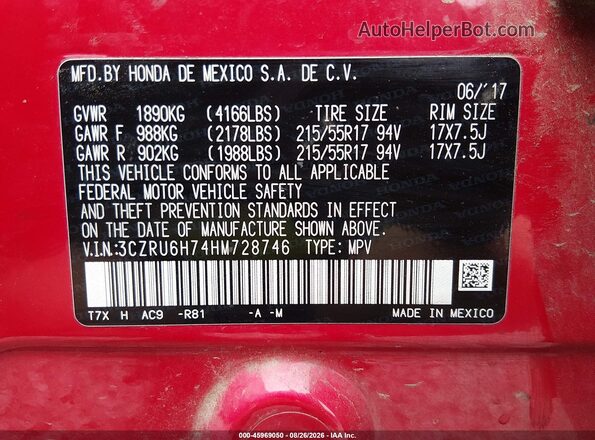3CZRU6H74HM728746 2017 HONDA HR-V Red Widok komory silnika