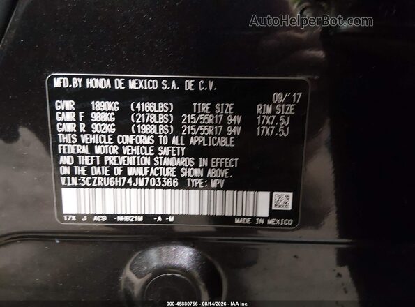 3CZRU6H74JM703366 2018 HONDA HR-V Black Vista del compartimento del motor