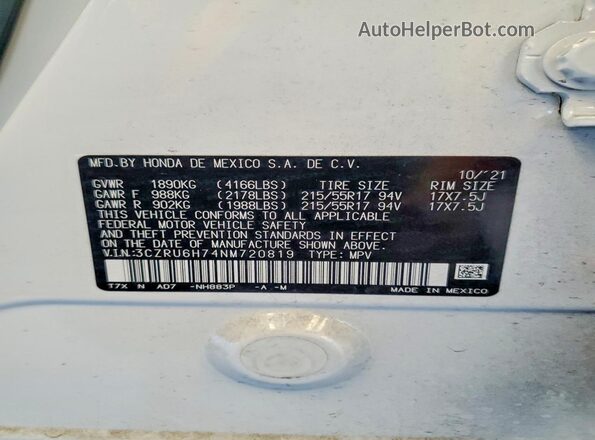 3CZRU6H74NM720819 2022 HONDA HR-V White Vista de la etiqueta del VIN