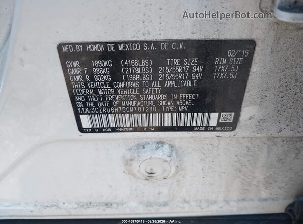 3CZRU6H75GM701280 2016 HONDA HR-V White Вид підкапотного простору