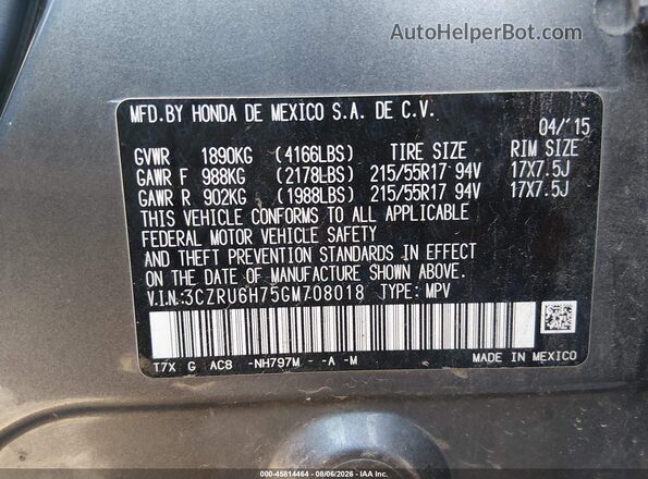 3CZRU6H75GM708018 2016 HONDA HR-V Gray Widok komory silnika