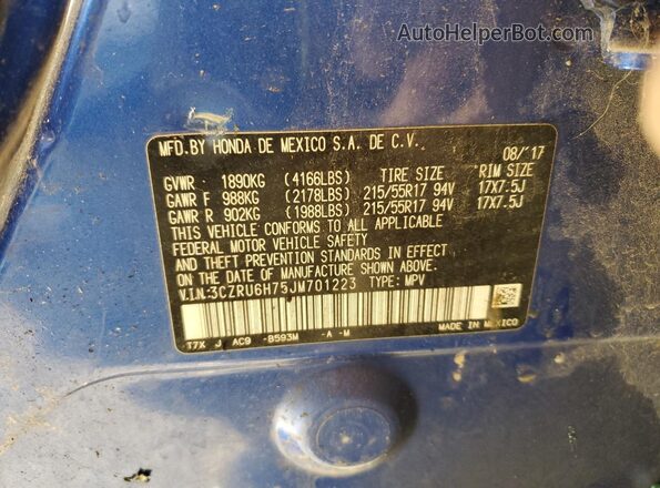 3CZRU6H75JM701223 2018 HONDA HR-V Blue 360 interior view
