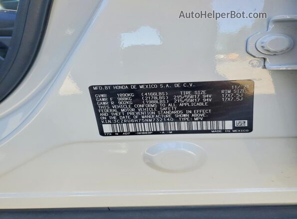 3CZRU6H75NM732140 2022 HONDA HR-V White Widok naklejki z numerem VIN