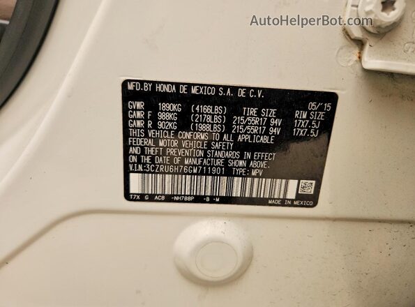 3CZRU6H76GM711901 2016 HONDA HR-V White VIN sticker view