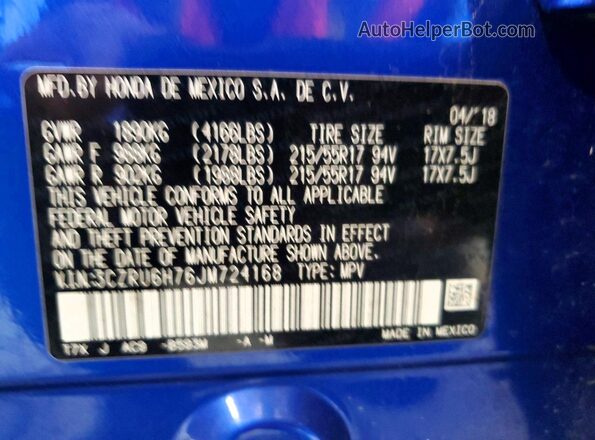 3CZRU6H76JM724168 2018 HONDA HR-V Blue VIN կոդի պիտակի տեսք