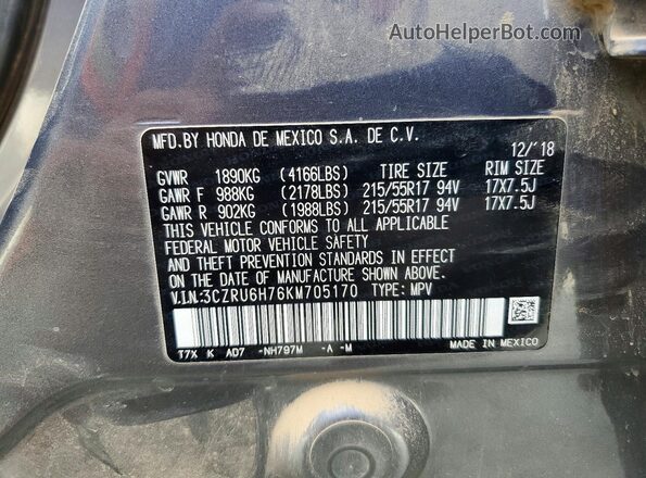 3CZRU6H76KM705170 2019 HONDA HR-V Gray 