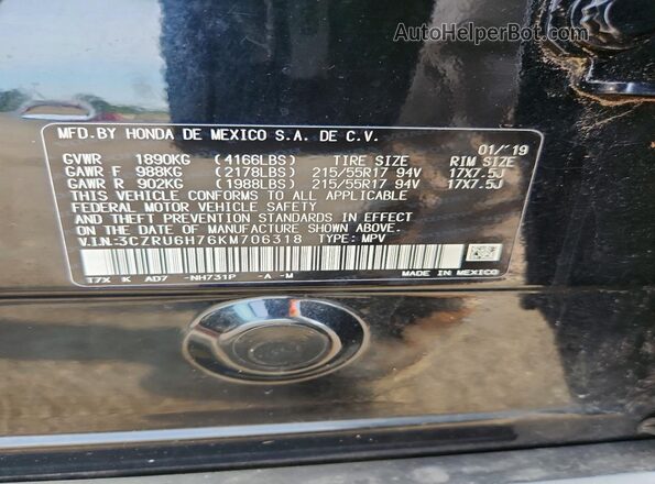 3CZRU6H76KM706318 2019 HONDA HR-V Black Vista de la etiqueta del VIN