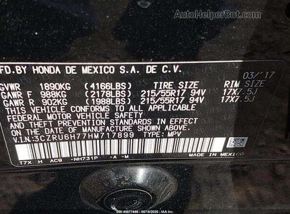 3CZRU6H77HM717899 2017 HONDA HR-V Black Շարժիչի բաժամունքի տեսք