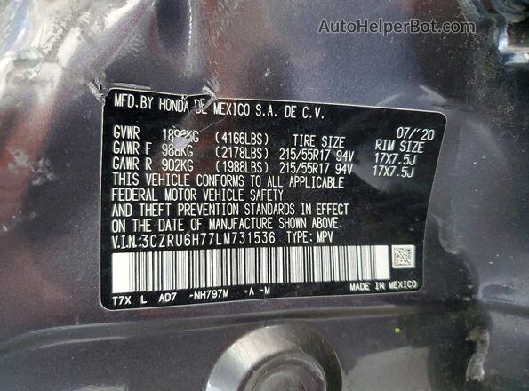 3CZRU6H77LM731536 2020 HONDA HR-V Charcoal სალონის 360-გრადუსიანი ხედი