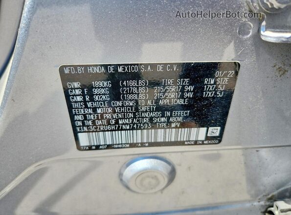 3CZRU6H77NM747593 2022 HONDA HR-V Silver VIN sticker view