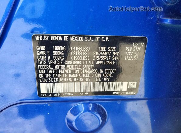 3CZRU6H78JM708389 2018 HONDA HR-V Blue VIN კოდის სტიკერის ხედი