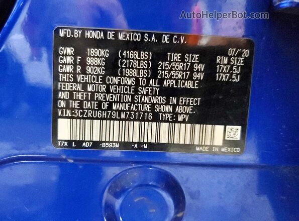 3CZRU6H79LM731716 2020 HONDA HR-V Blue VIN კოდის სტიკერის ხედი