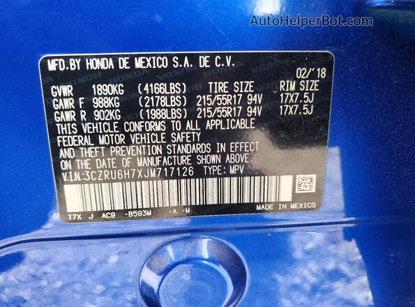 3CZRU6H7XJM717126 2018 HONDA HR-V Blue Вид наклейки з VIN-кодом