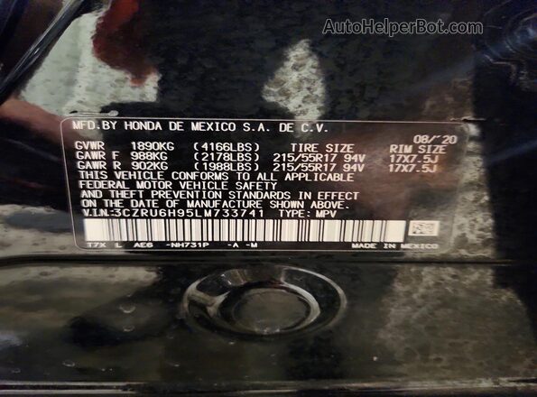 3CZRU6H95LM733741 2020 HONDA HR-V Black Vista de la etiqueta del VIN