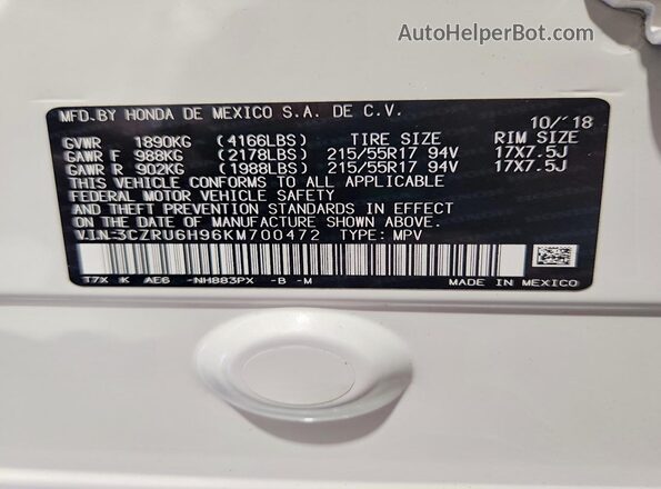 3CZRU6H96KM700472 2019 HONDA HR-V Белый Вид наклейки с VIN-кодом