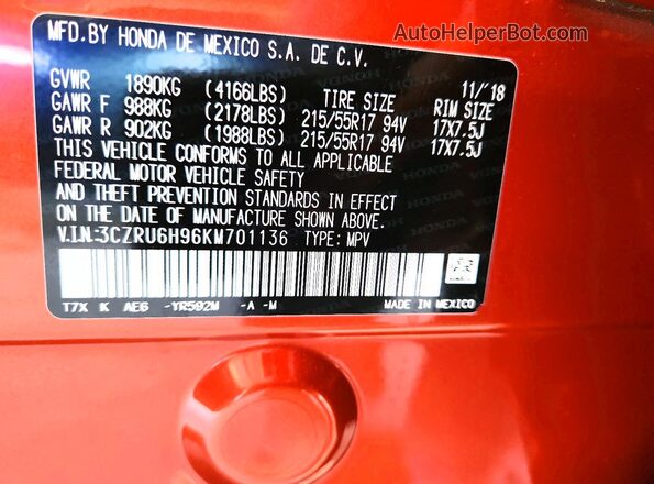 3CZRU6H96KM701136 2019 HONDA HR-V Orange Vista interior de 360 grados