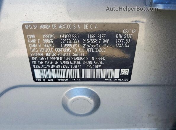 3CZRU6H97KM710671 2019 HONDA HR-V Silver Вид наклейки з VIN-кодом