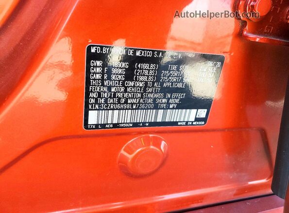 3CZRU6H98LM736200 2020 HONDA HR-V Orange Vista del compartimento del motor